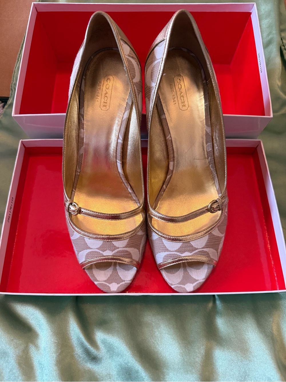 Coach Metallic Gold Open-Toe Signature Canvas Pumps